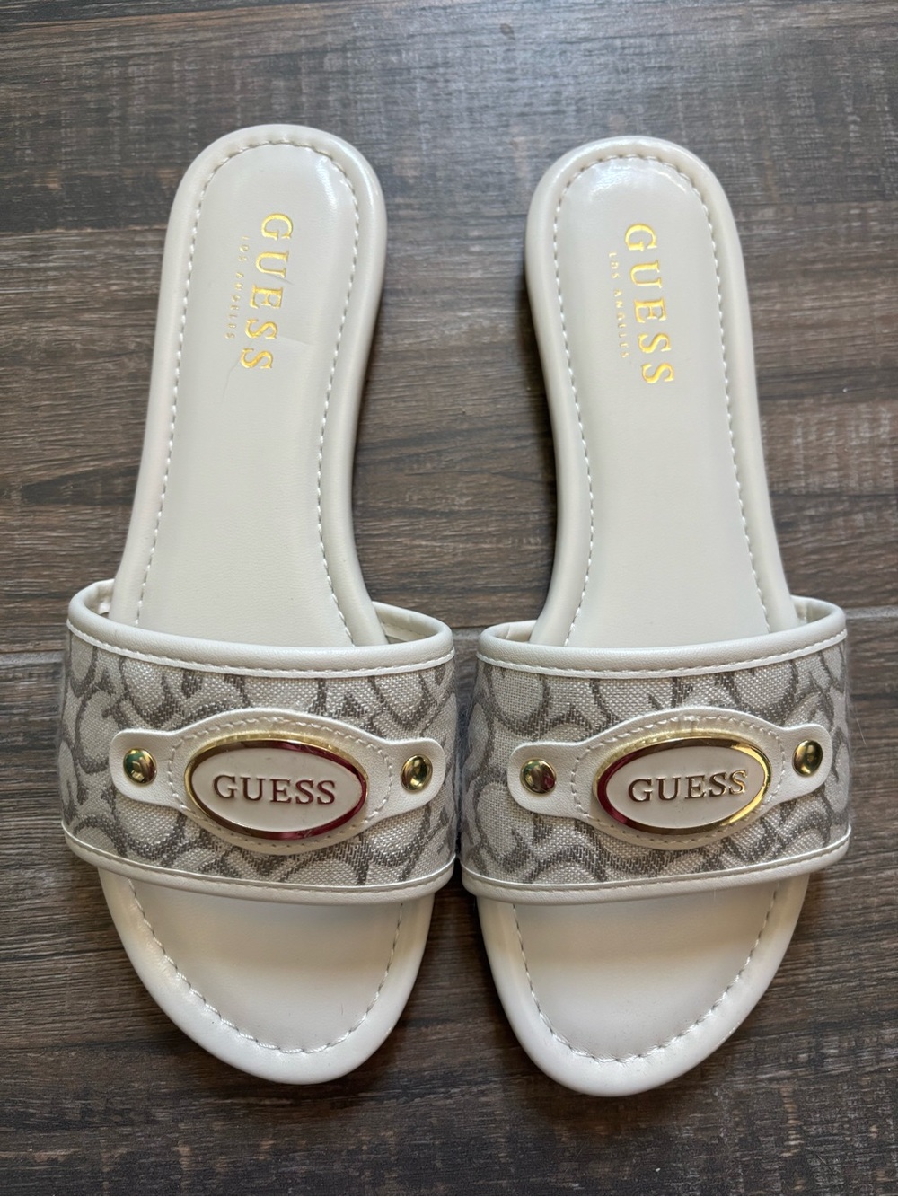Guess Beige and White Logo Slide Sandals